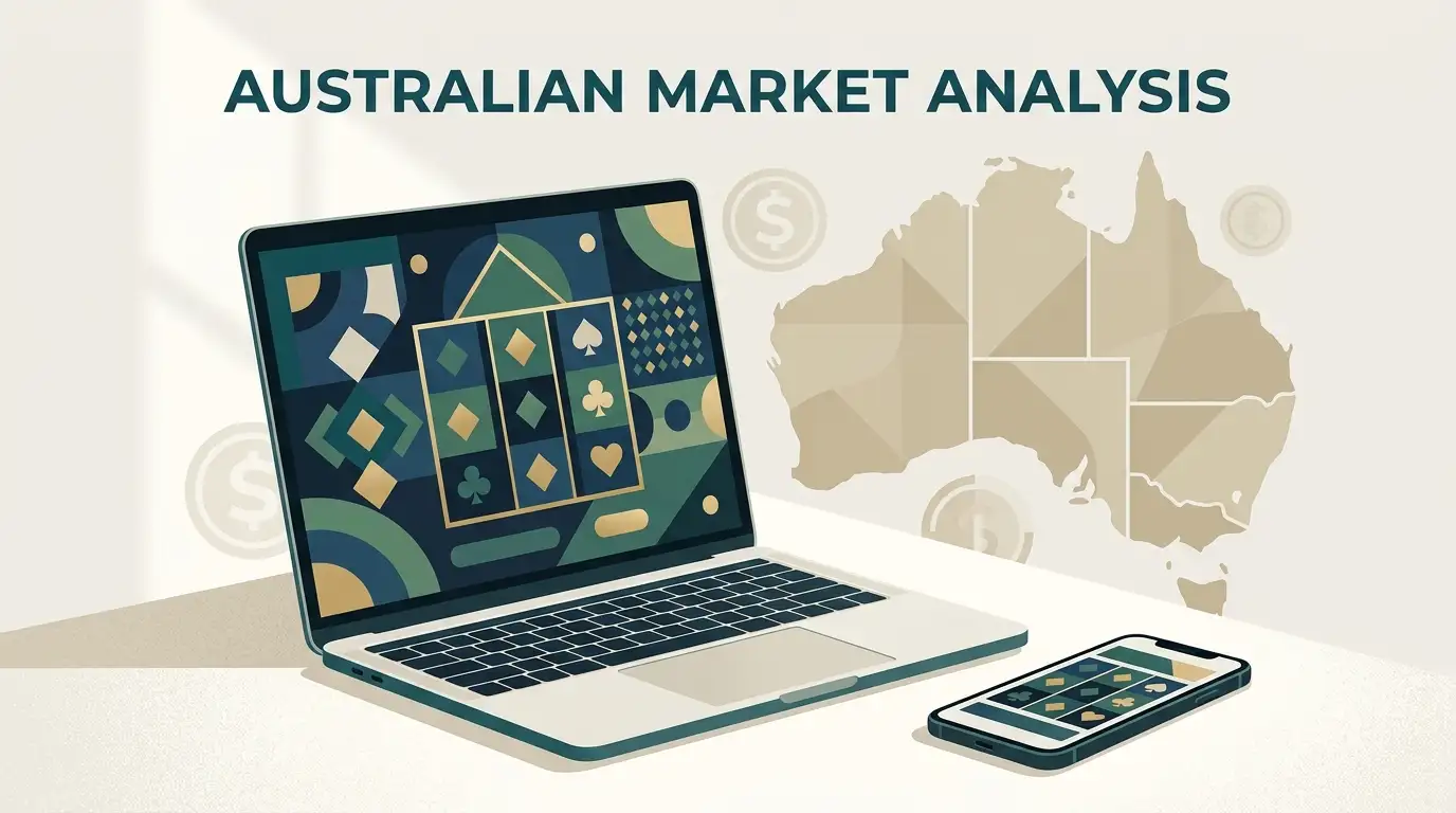 Editorial illustration of casino play on desktop and mobile with Australian context