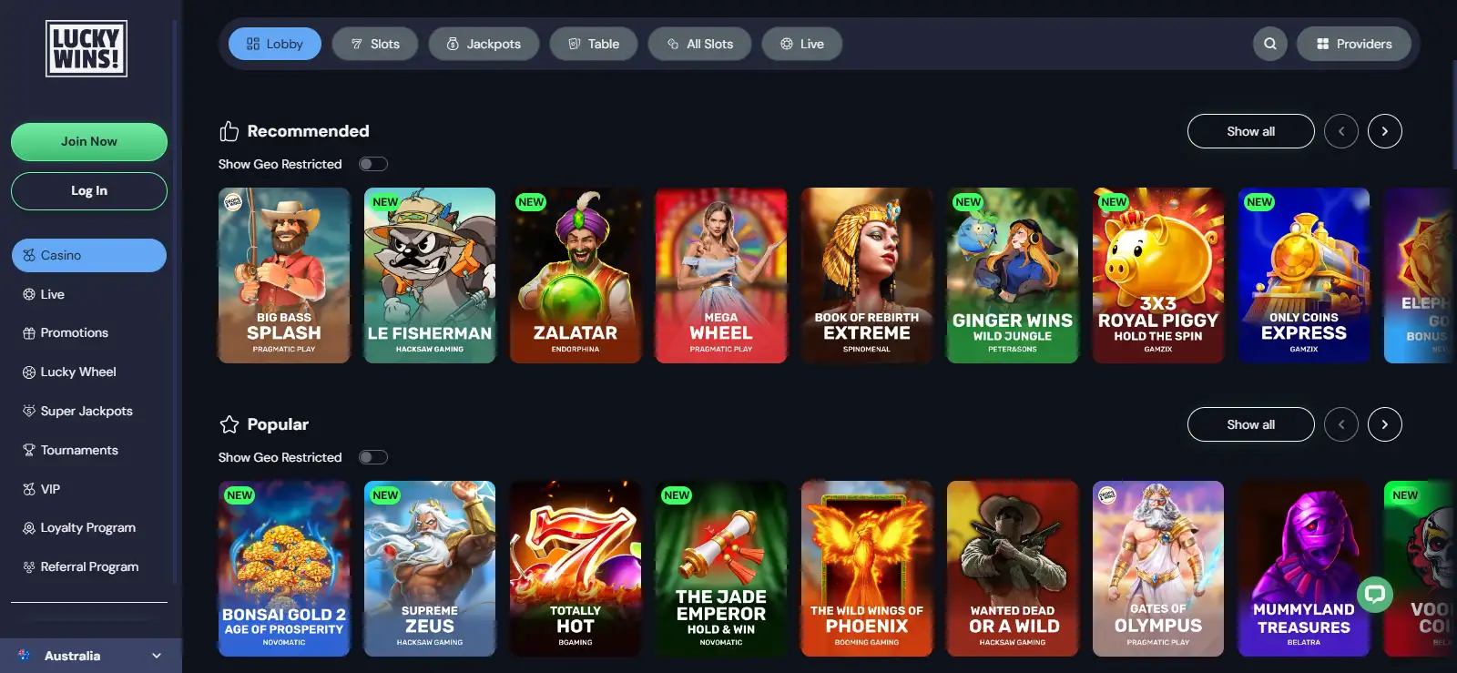 LuckyWins Australia-localised homepage
