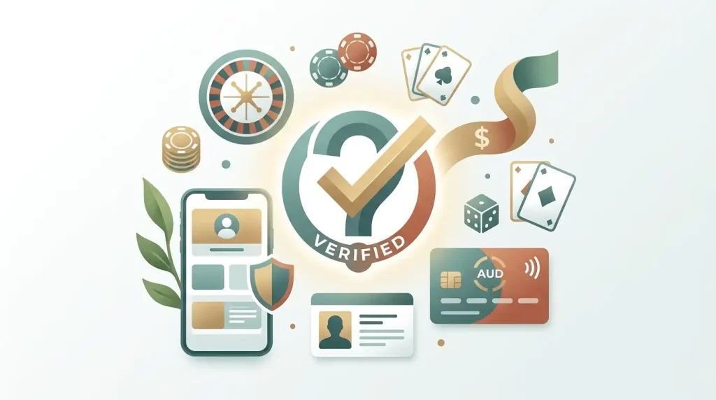 Editorial checklist representing AUD payments, mobile play, ID verification and casino questions