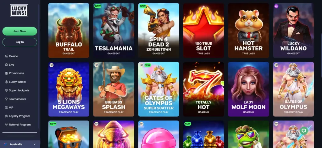 LuckyWins Australia game lobby with pokies and casino categories