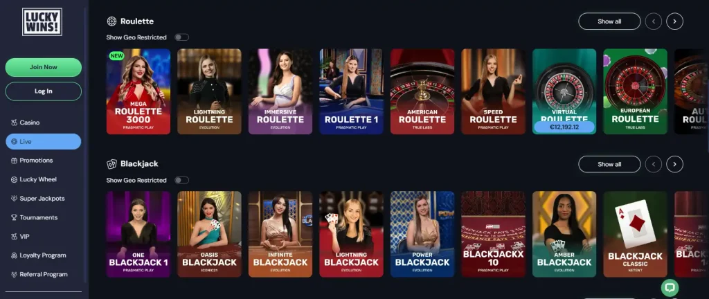 LuckyWins Australia live casino lobby with live dealer categories