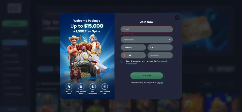 LuckyWins Australia registration interface