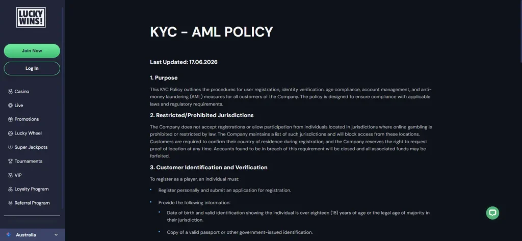 LuckyWins KYC AML policy showing verification requirements