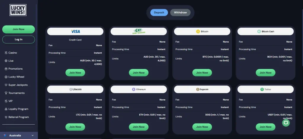LuckyWins payments page showing Australian dollar deposit rows