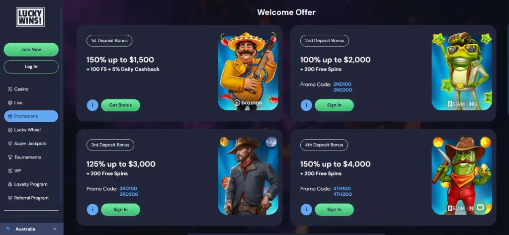 LuckyWins promotions page for Australian visitors
